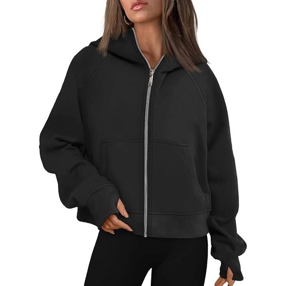 Womens XL Black Full Zip Hoodie Sweatshirt Thumb Holes Jacket - Picture 1 of 11